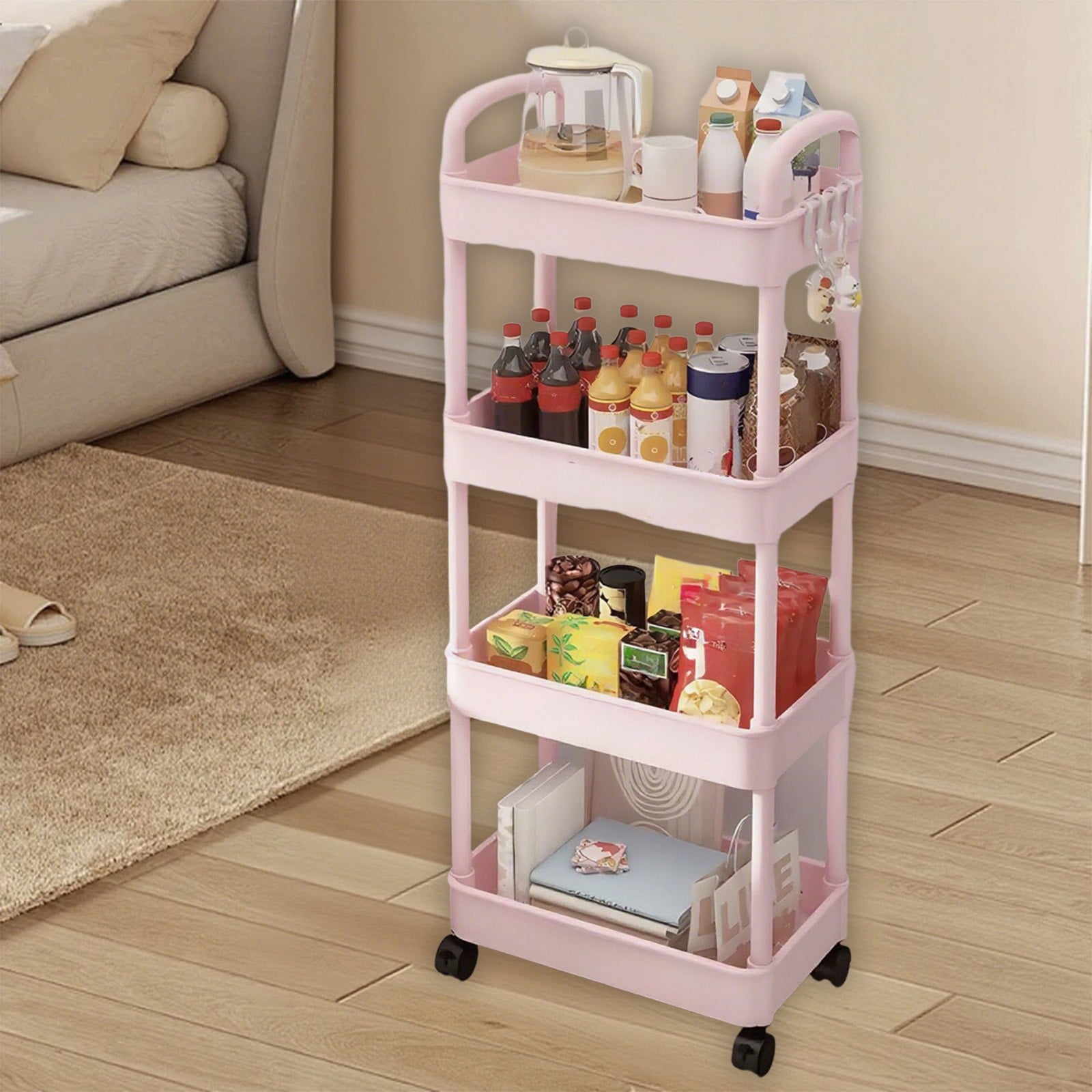 SIYTUAU Pink 4-Tier Kitchen Storage Cart With Armrests And Wheels For Bathroom Toiletries Organizer 13.8 X 8.7 X 38.2 Inch Pink Color Plastic Material For Home Use Pink