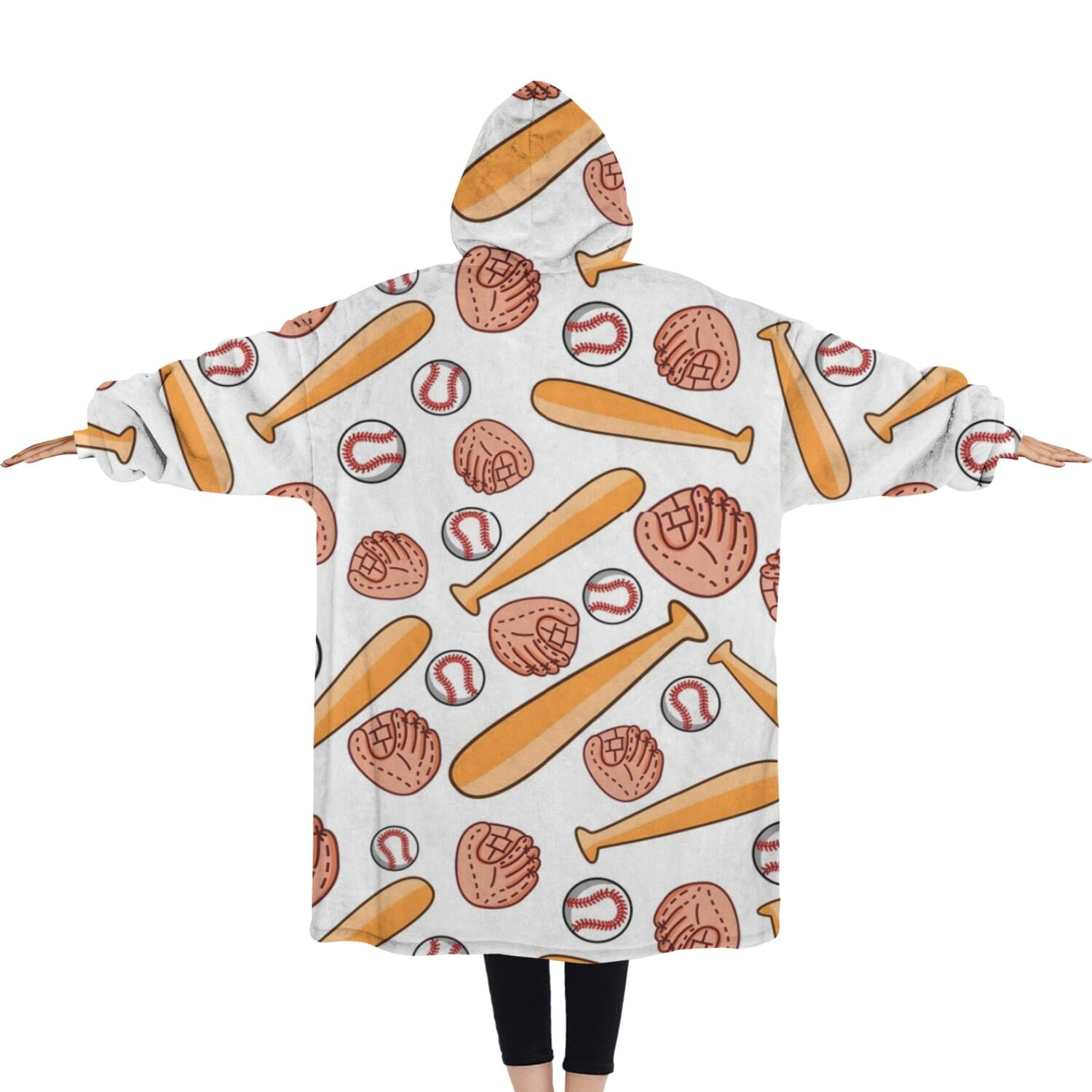 Oversized Wearable Blanket Hoodie,White Orange Baseball Gear Pattern Sherpa Blanket Hoodie with Super Pockets,Super Warm Fuzzy Pullover for Women & Men