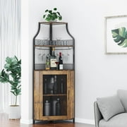 Aoile Corner Bar Cabinet, 5-Tiers Liquor Cabinet Bar with Adjustable Shelf & Glass Holder for Home, Rustic Brown