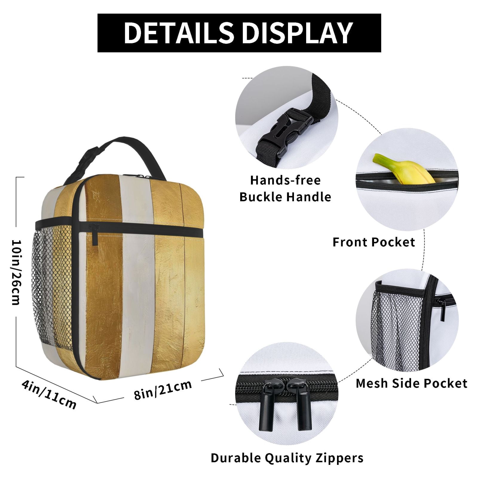 Lunch Bag For Women Men Insulated Portable Lunch Box Bento Box Office Picnic Travel Cooler Bag Gold Stripe_1
