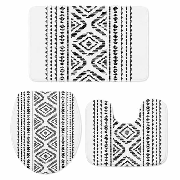 Black White Bohemian Bathroom Rugs Set Vintage Farmhouse Non Slip Absorbent Soft Bath Mats 3 Piece Set with Bathroom Rug, U-Shaped Floor Mat, Toilet Seat Cover Small Size