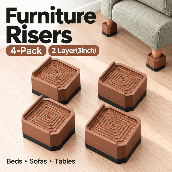 OZERA 4 Pack Brown Adjustable Bed Risers, 1.5, 3 & 4.3 Inch Square Heavy‑Duty Furniture Risers, Supports up to 4000 lbs, for Desk, Sofa, Chair Legs