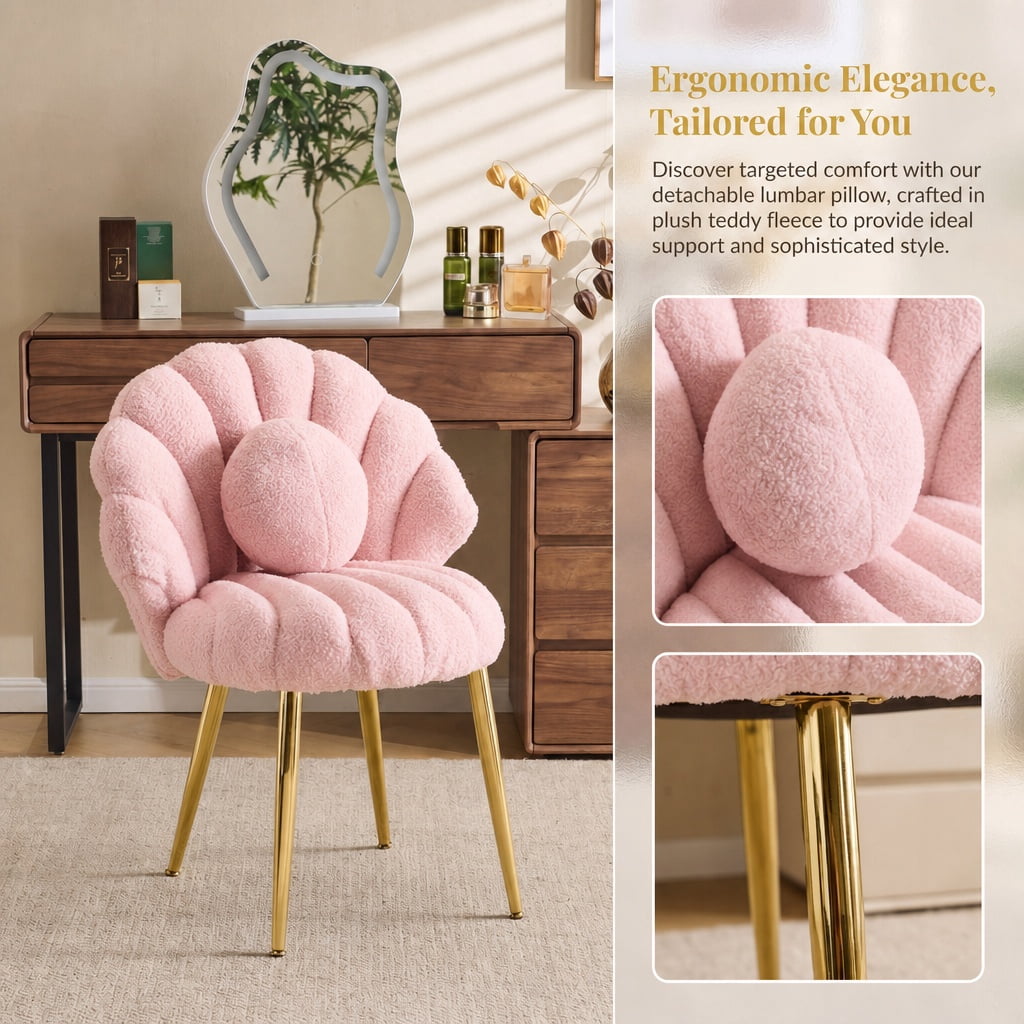 Ktaxon Vanity Makeup Chair with Teddy Velvet, Shell Design Accent Desk Chair with Lumbar Pillow and Gold Legs, Office Seating for Women Pink
