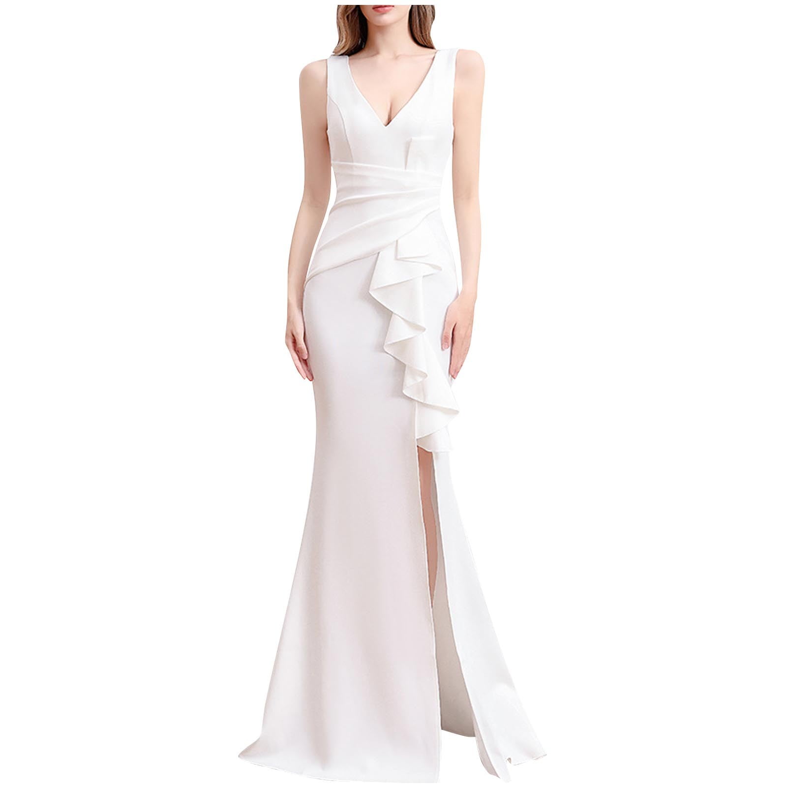 Womens Dress Evening Gowns for Women, Womens Formal Split Maxi Dresses,  Sleeveless V Neck Ruched Cocktail Long Dress Floral Maxi Dress S-3 White L  - Walmart.ca