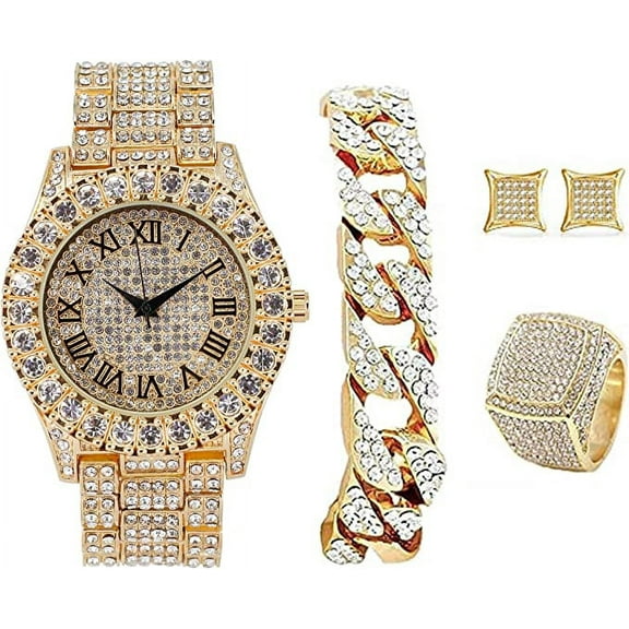 Bling-ed Out It's Lit! Hip Hop Watch & Jewerly Set w/Cuban Chain Bracelet in Gold, Kite Bling Earrings & Ring - GJM13