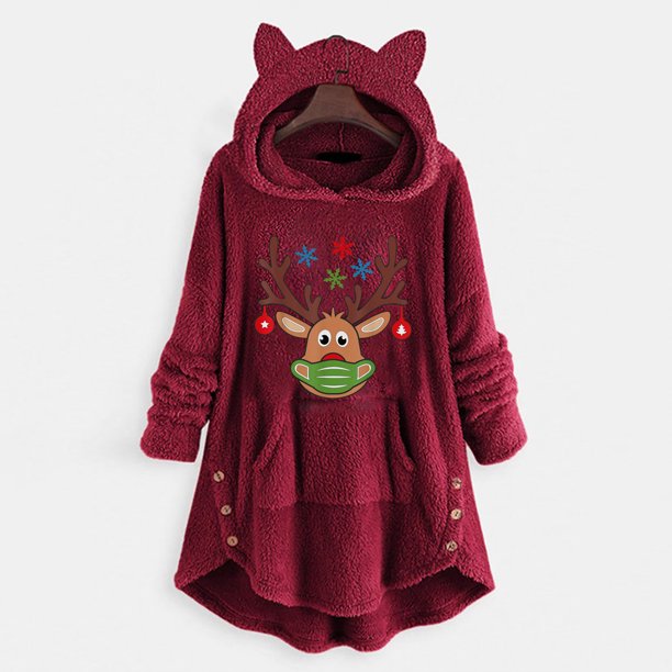 Puntoco Mujer Casual Navidad Impresión Botones De Felpa Manga Larga Con Capucha Abrigo De Felpa Top Puntoco Puntoco-7598