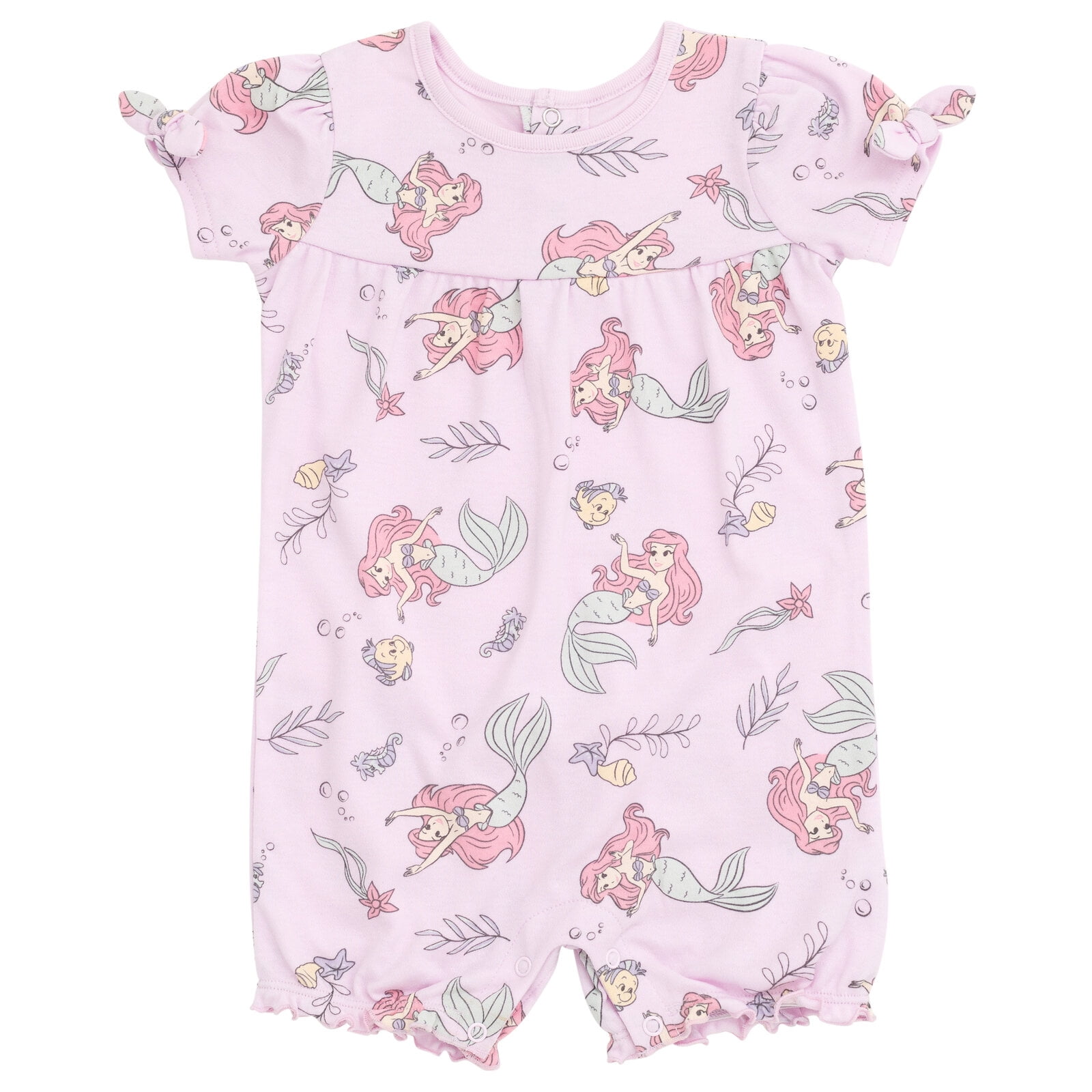Disney The Little Mermaid Baby Girls' 2-Pack Short Sleeve and Sleeveless Bubble Romper Set Mint and Pink Ariel and Flounder