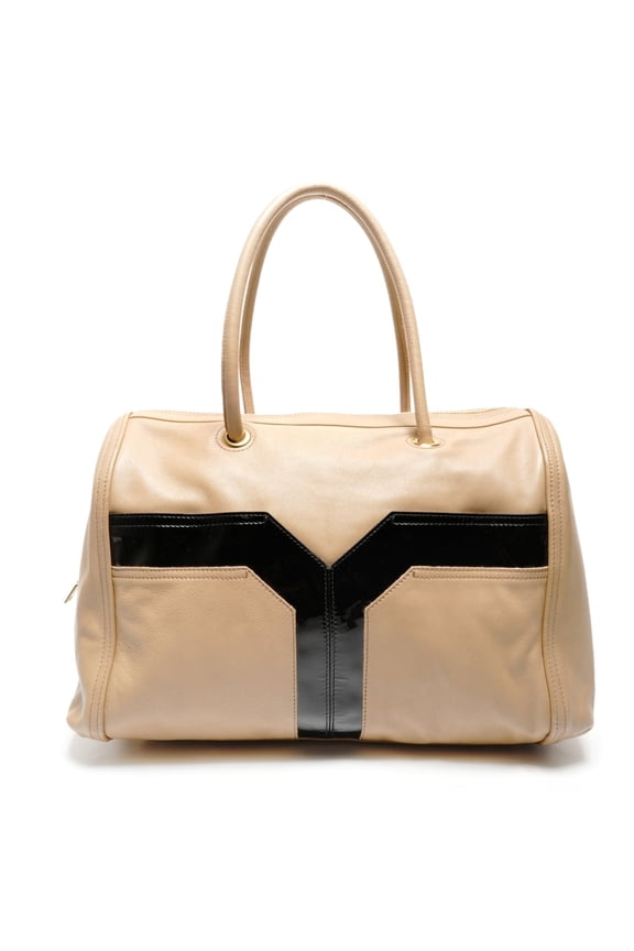 Pre-Owned Yves Saint Laurent Y-logo leather Boston bag, beige