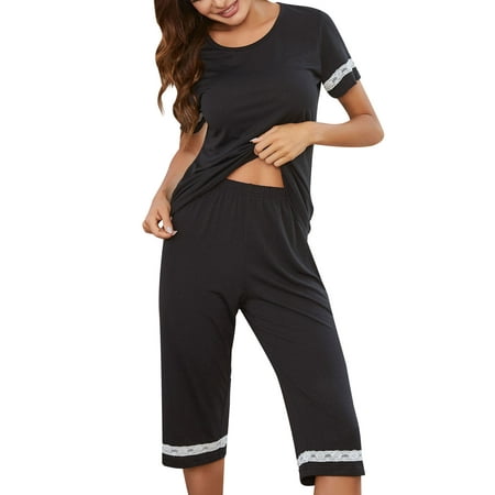 

HUBERY Women Crew Neck Short Sleeve Lace Insert Solid Color Sleepwear Set