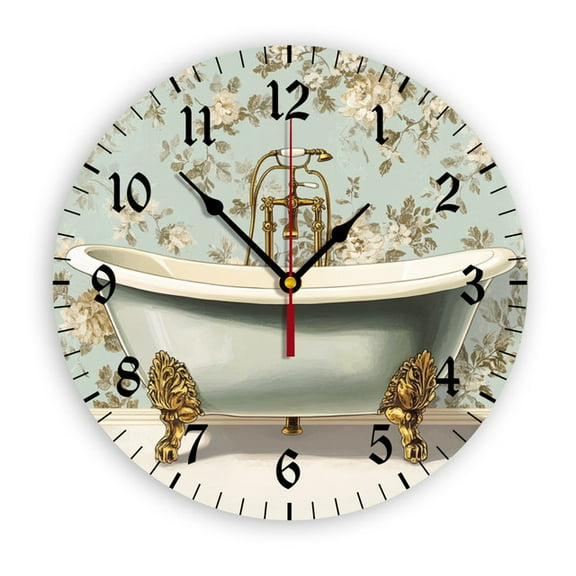 YladaFaie Watercolor Vintage Bathtub Silent Non Ticking Clock 10 Inch, Round Wall Clock,Decorative for Living Room, Kitchen, Home,Bathroom, Bedroom, Office or School
