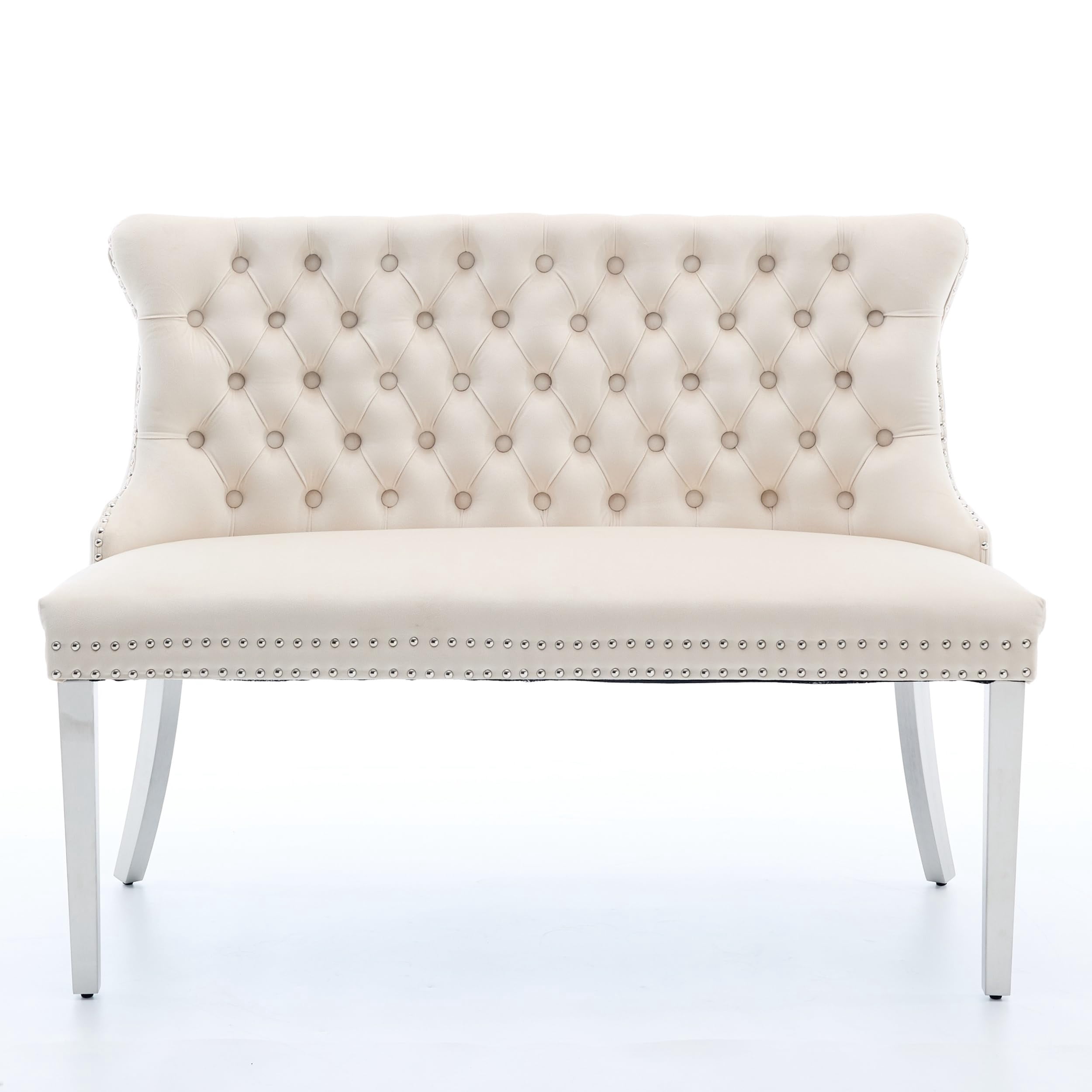 Beige Velvet Double Dining Loveseat Bench, 2-Seat Tufted Wingback with Gold-Plated Stainless Steel Legs, Mid Century Modern Kitchen & Dining Seating