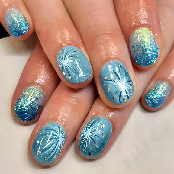 Yoyauz 24 PCS Christmas Fake Nails Shining Blue Fireworks Design Short Fake Nails, Christmas Colored Nails Used for DIY Nail Decoration in Winter