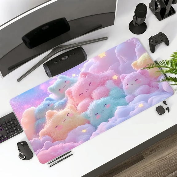 Extra Large Cute Pastel Cat Cloud Mouse Pad Cozy Plush Gaming Desk Pad Computer Keyboard Mousepad with Non-Slip Rubber Base Durable Stitched Edge Gift for Boyfriends and Girlfriends