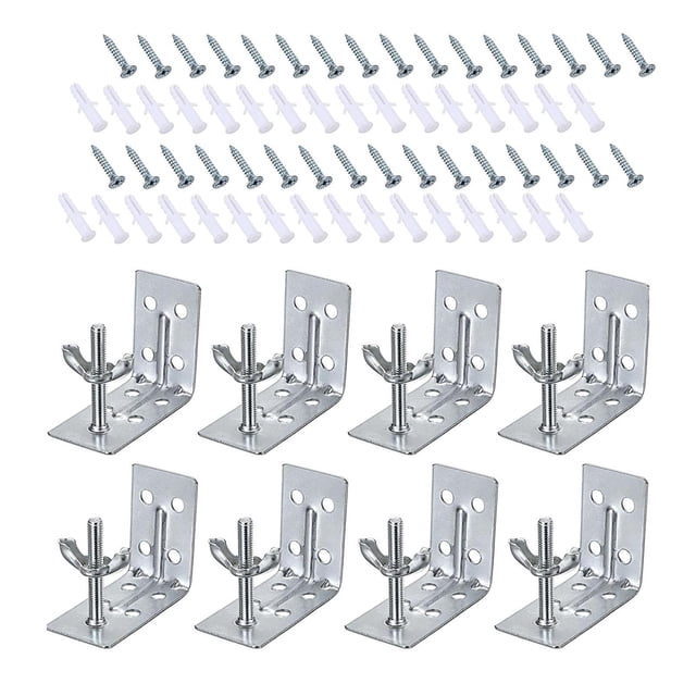 8x soportes de sombra en L con herrajes de tuerca de mariposa soporte de montaje en pared resistente de metal soporte en L para fijación de sombra, ocho soportes metálicos plateados en L con base perforada y placa vertical con dos orificios y perno con tuerca de mariposa; incluye tornillos y tarugos, medidas aprox. 4.6 x 3.3 x 2.4 cm, dispuestos sobre fondo blanco, aptos para persianas o cortinas de bambú y montajes domésticos.