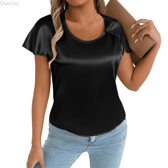 Duojiaj Women's Short Sleeve Satin Blouses Casual Loose Crewneck Silk Shirts Roll Up Sleeve Tunic Tops