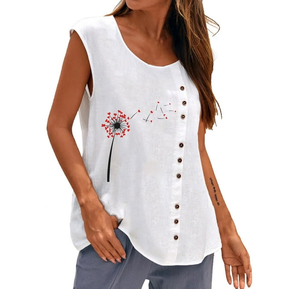 Womens Summer Casual Sleeveless Tank Tops Button Scoop Neck Printing Loose Blouses Tops Flowy Comfy T Shirts for Women
