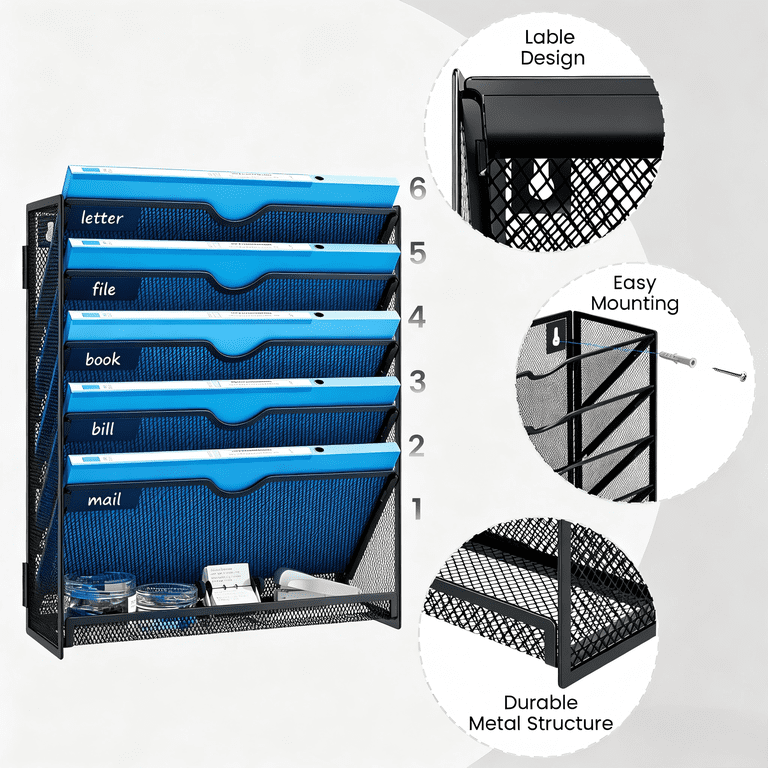 Marbrasse 6-Tier Wall File Organizer, Black Steel photo 3
