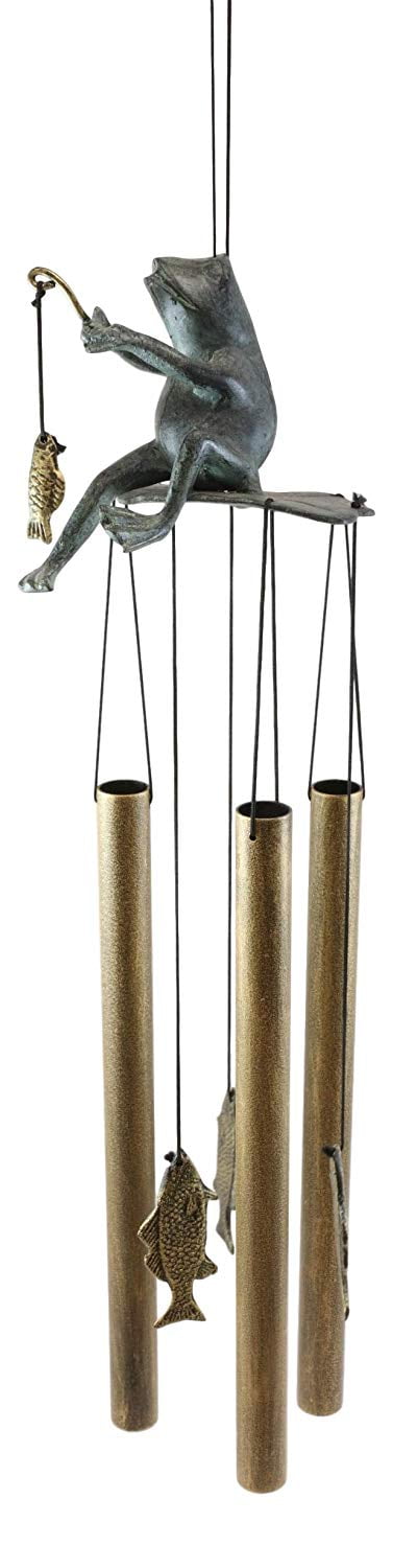 Aluminum Whimsical Summer Pastime Green Frog Fishing In The Pond Tube Wind Chime