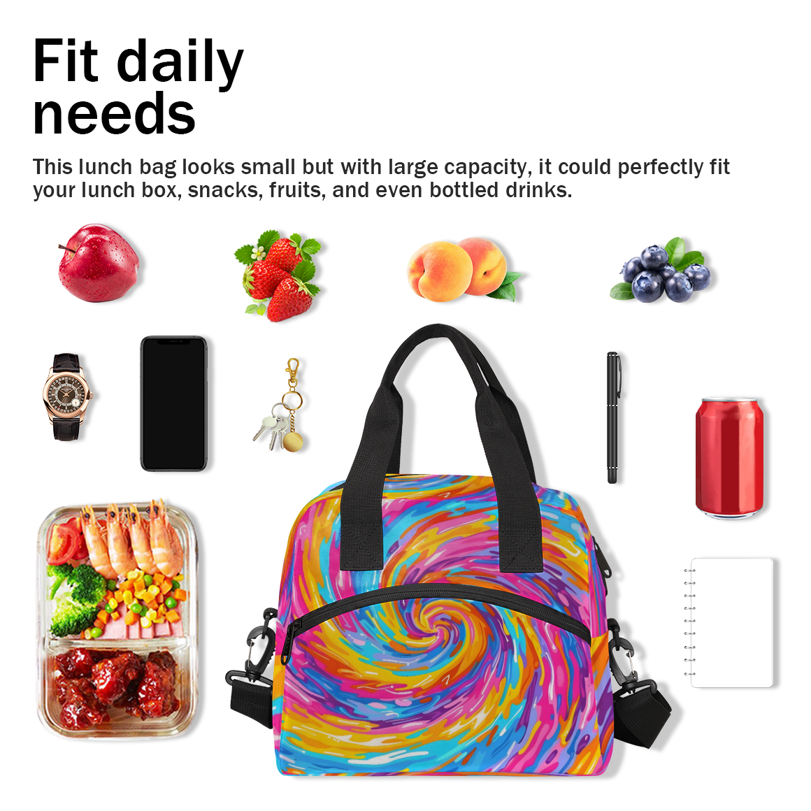 Herdesigns Tie Dye Colorful Boho Rainbow Insulated Lunch Bag for Women Men Adults Large Reusable Lunch Box Leakproof Portable Cooler Tote Bags with Adjustable Shoulder Strap