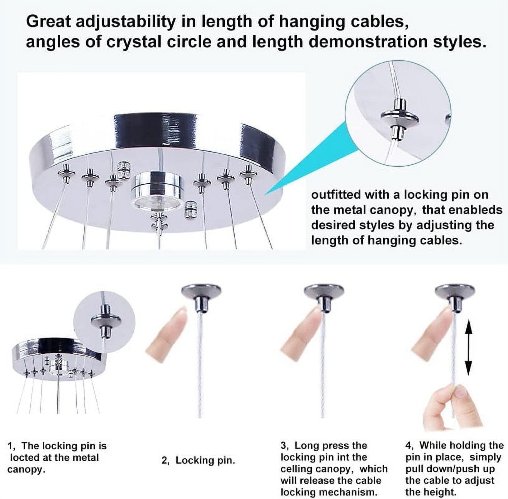 FRIXCHUR LED Modern Crystal Chandelier Ceiling Pendant Light 2 Rings Adjustable Stainless Steel Lighting Fixtures Dining Room Living Room (White)