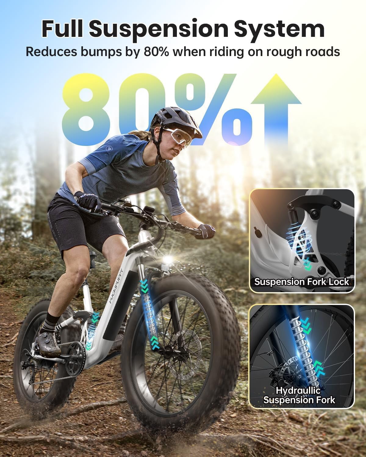 PUCKIPUPPY Electric Bikes for Adults 26" Step-Thru Ebikes 960W Peak Motor 80Miles Range 28mph Max Speed 48V 20AH Battery Full Suspension Fat Tire Mountain E Bike 7 Speed, Comply with UL2849 By SGS