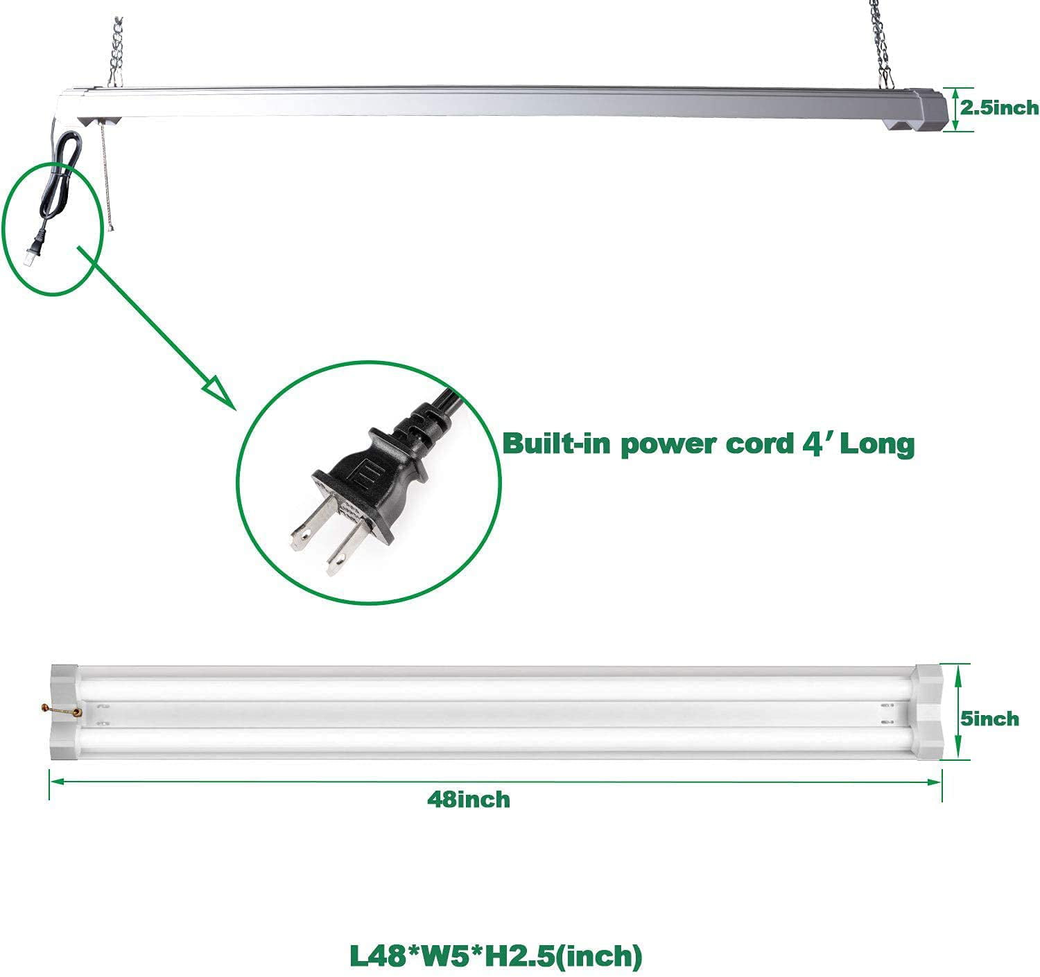 Led Garage Light Fixtures 4Ft 5000K Hanging Pull On & Off Switch Genuine 