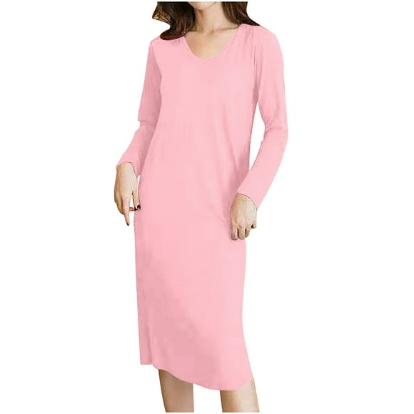 Jgppe Women's Basic Nightgown Long Sleeve with Chest Pad Round Neck Tunic Pullover Nightshirt