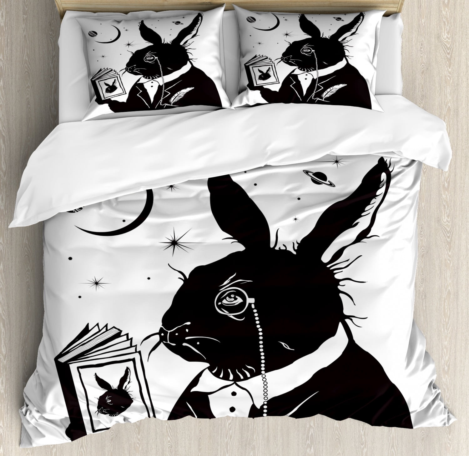 Bunny Duvet Cover Set Queen Size, Old Rabbit Silhouette Reading a Book ...