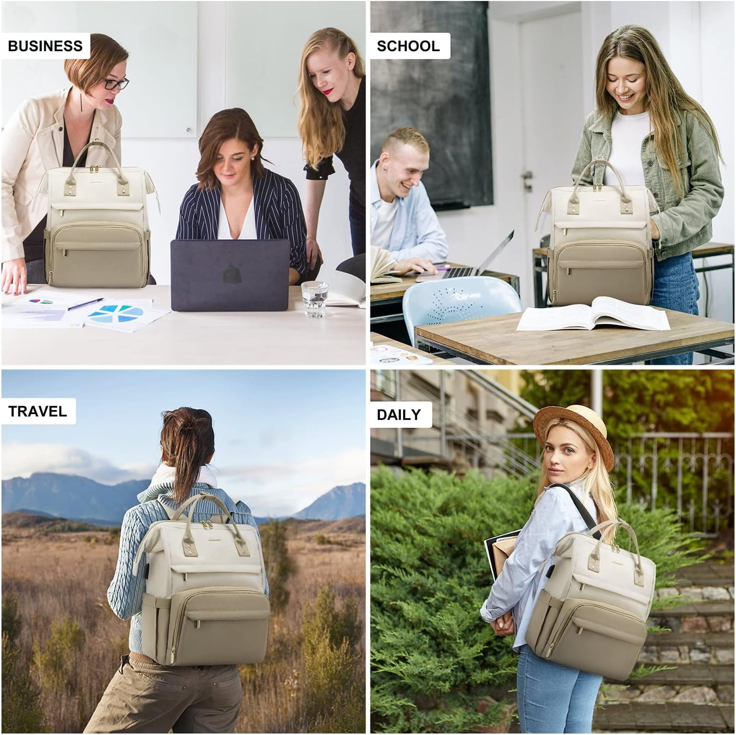 Lovevook Laptop Bag 15.6",Women Work Computer Bag Teacher Nurse Backpack Purse with USB,Waterproof Travel Backpack College Bookbag(Beige-Khaki)
