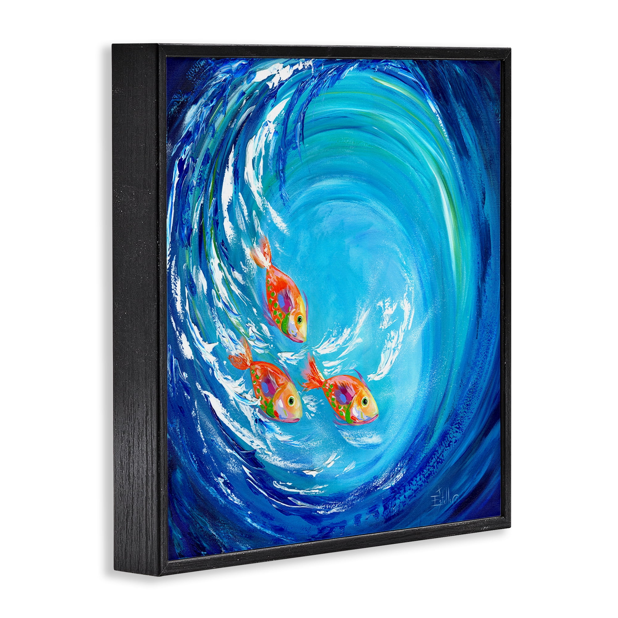 Stupell Industries Into The Blue Fish Landscape Painting Black Framed Art Print Wall Art, 17 x 17