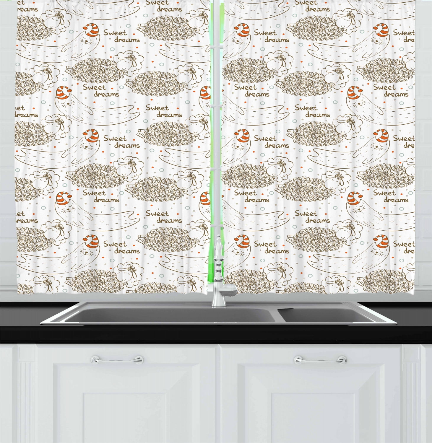 Sweet Dreams Curtains 2 Panels Set, Sleeping Animals Pattern Sheep and Cat Cartoon with Dotted Backdrop, Window Drapes for Living Room Bedroom, 55W X 39L Inches, Orange and Brown, by Ambesonne