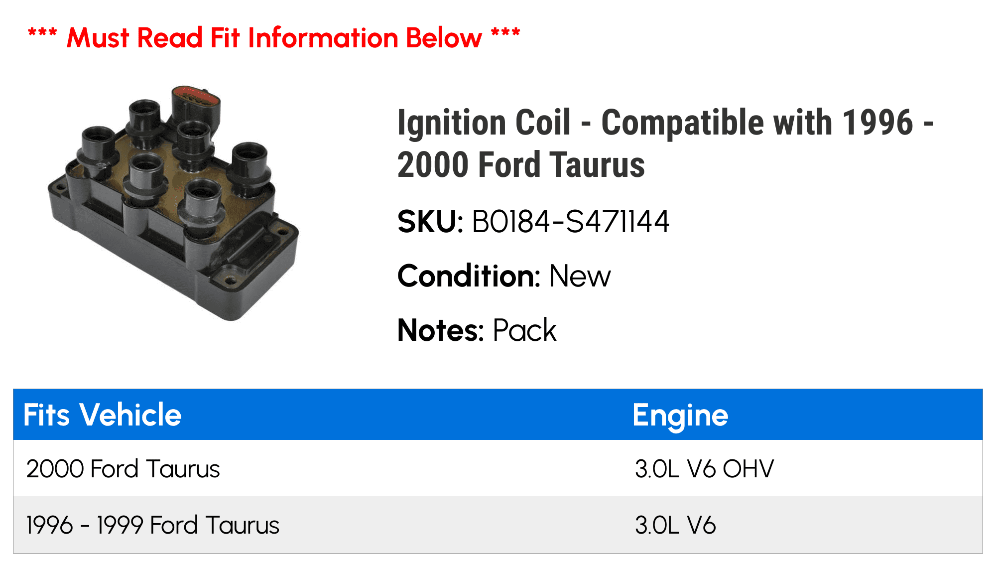 Ignition Coil - Compatible with 1996 - 2000 Ford Taurus 1997 1998 1999