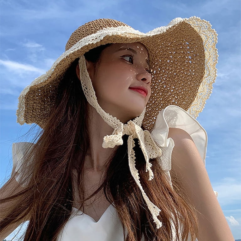 Wide Brim Floppy Sun Hat with Lace and Adjustable Chin Strap dianhelloya Bucket Hat for Women With Strings Lace Trim Tied  main image 4