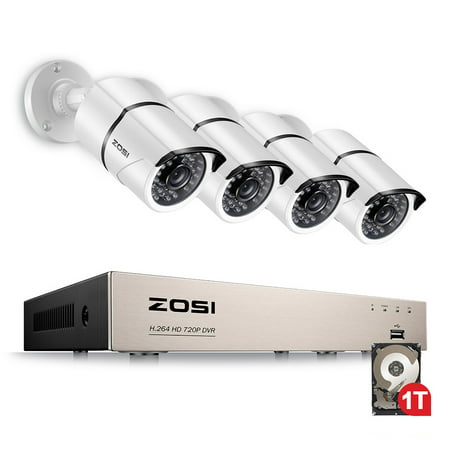 ZOSI HD 1080p 8 Channel DVR 1TB HDD Outdoor Security System with 4 w/ 2MP Night Vision Bullet