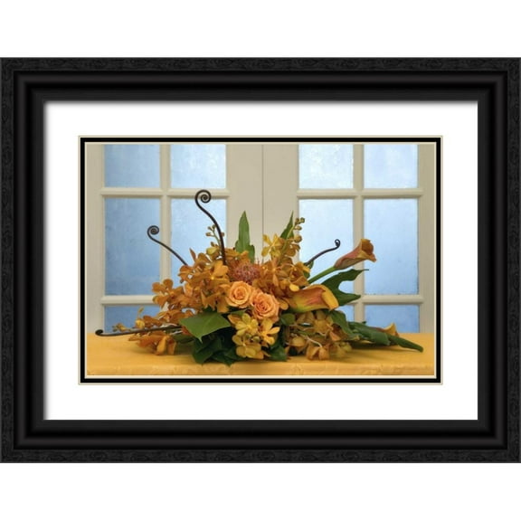 Paulson, Don 32x23 Black Ornate Wood Framed with Double Matting Museum Art Print Titled - Flower arrangement on table in front of door