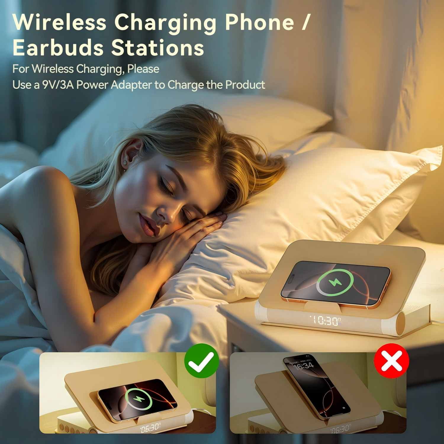Sunrise Alarm Clock and Bluetooth Speaker with Wireless Charger, Book Lamp for Bedroom, Apricot