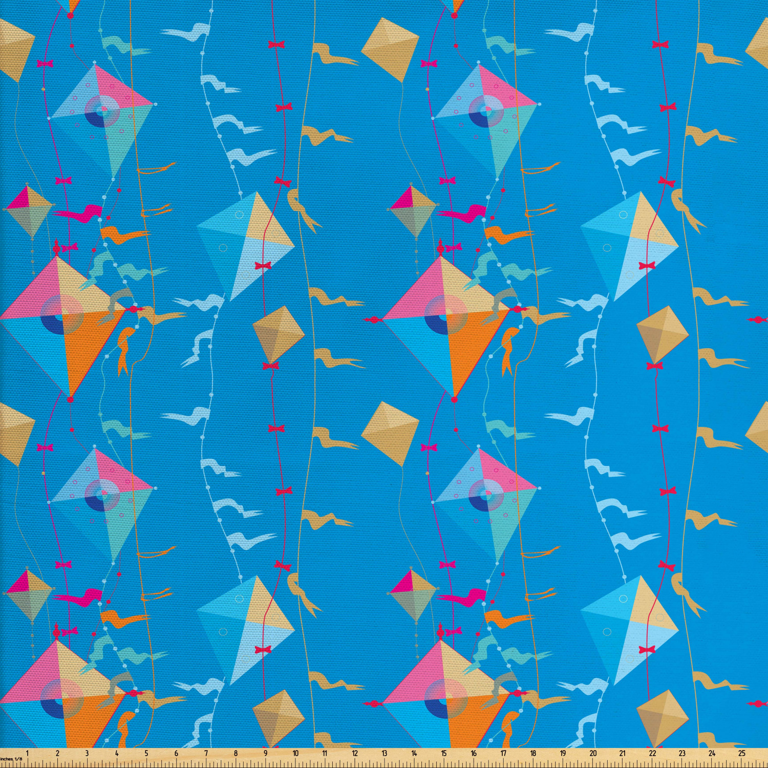 Kites Fabric by The Yard, Vibrant Flying Kite on Cables with Flags