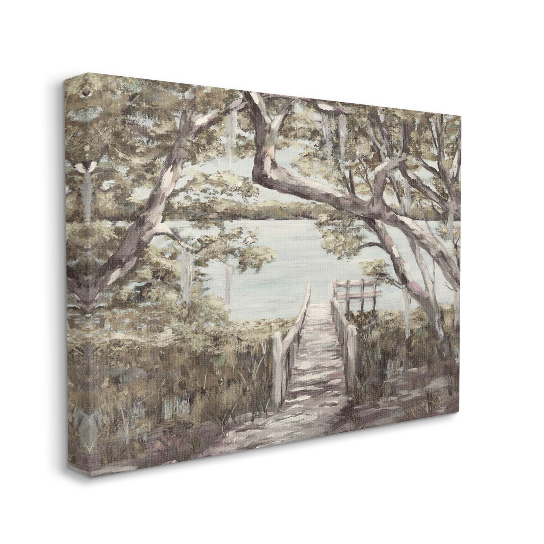Nature Waterfront Path Bridge Landscape Painting Gallery Wrapped Canvas Print Wall Art