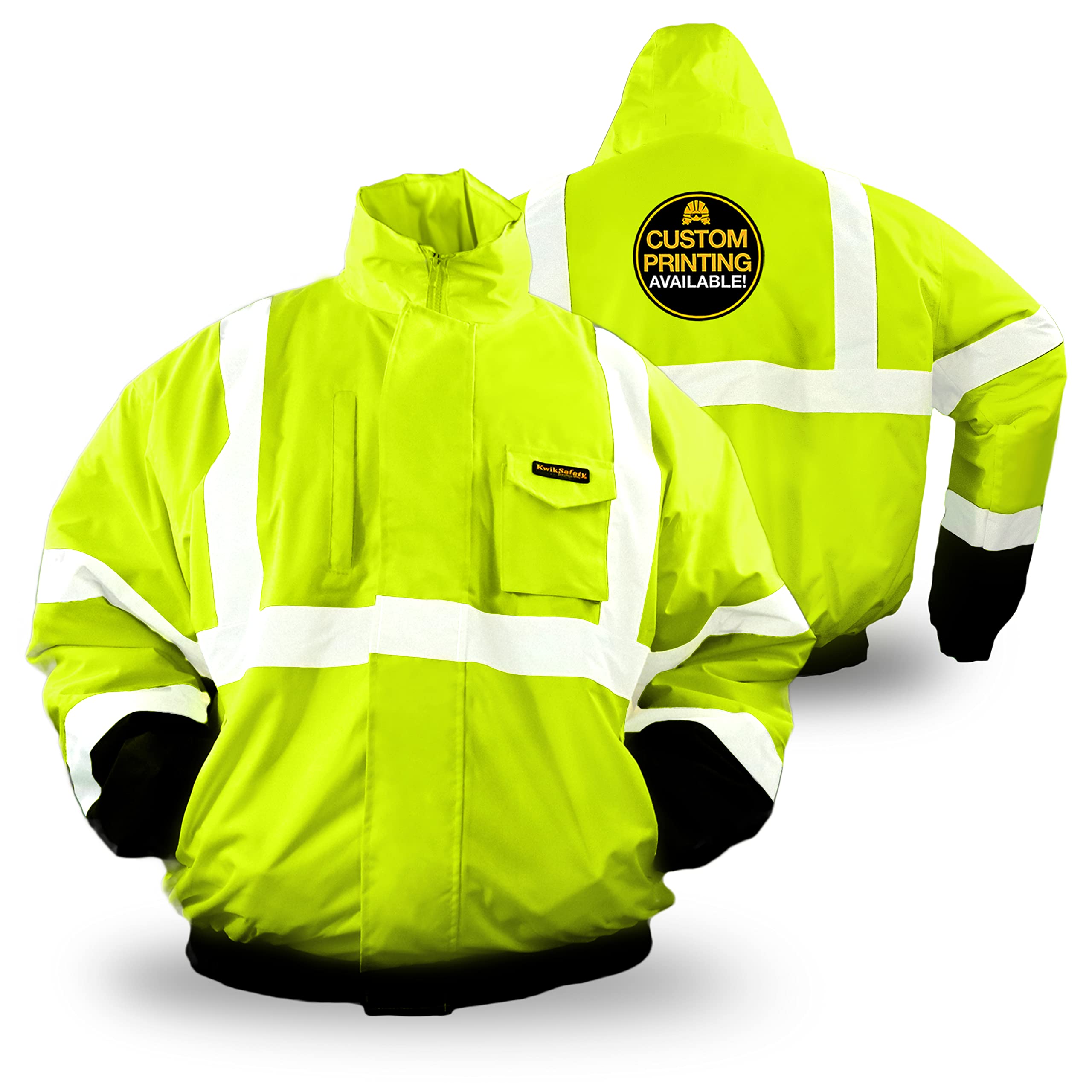 KwikSafety (Charlotte, NC) Guard Bomber Safety Jacket (Foldable Hood) Black Cuff Class 3 Hi Visibility Water Resistant ANSI Osha Reflective Hoodie