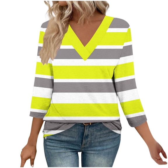CLOISE 3/4 Sleeve Tops for Women V Neck Shirt Striped Pullover Blouses Casual Fall Winter Clothes Yellow S