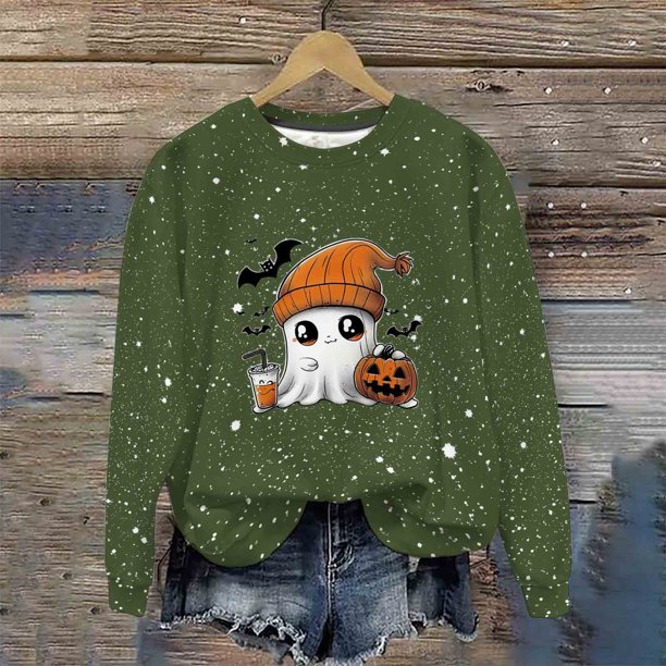 Ailaofu Women's Halloween Printed Round Neck Casual Sports Long Sleeve Sweatshirt Top Sweatshirt Loose Soft Long Sleeve Pullover Tops