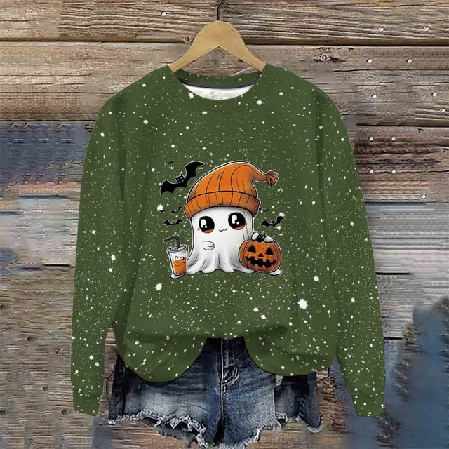 Ailaofu Women's Halloween Printed Round Neck Casual Sports Long Sleeve Sweatshirt Top Sweatshirt Loose Soft Long Sleeve Pullover Tops