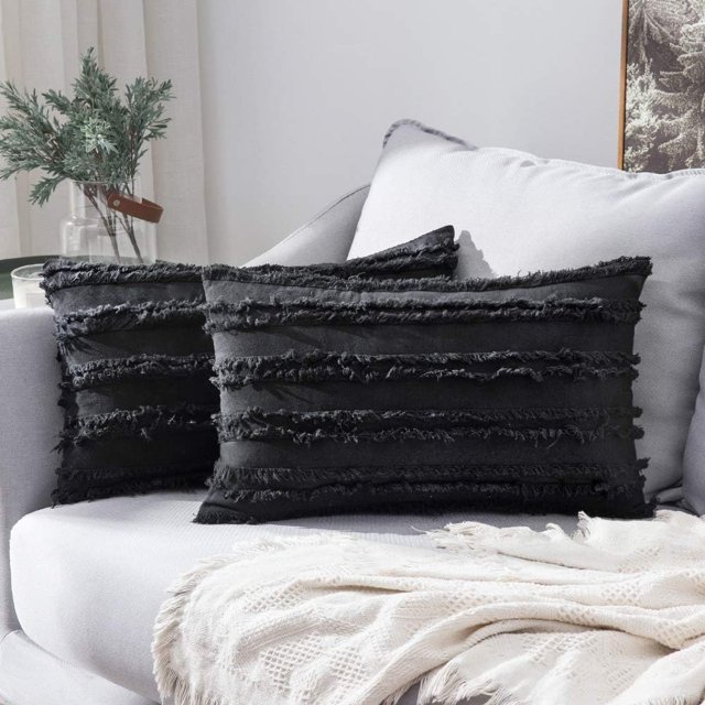 Nvzi Juego de 2 fundas de almohada decorativas de lino a rayas, 12 x 20 pulgadas, color negro