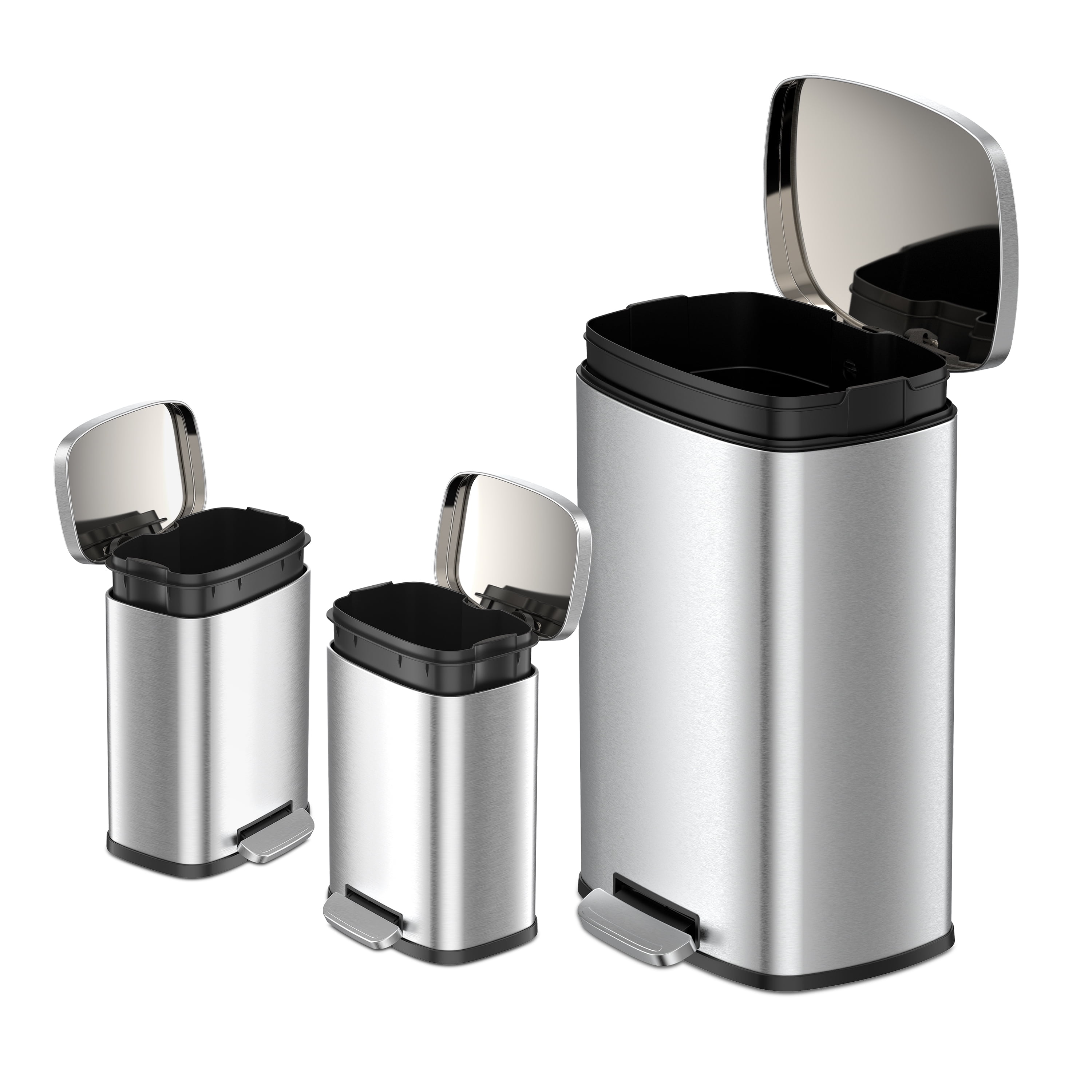 Qualiazero Kitchen Bathroom Trash Can Combo, 13.2 Gallon and Two 1.3 Gallon Stainless Steel Step Garbage Bin with Soft Close Lid, Silver
