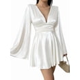 thumbnail image 3 of Women'S Deep V Neck Long Sleeve Mini Satin Silk Dress Elegant Flowy Wedding Guest Party Short Dresses White M, 3 of 9
