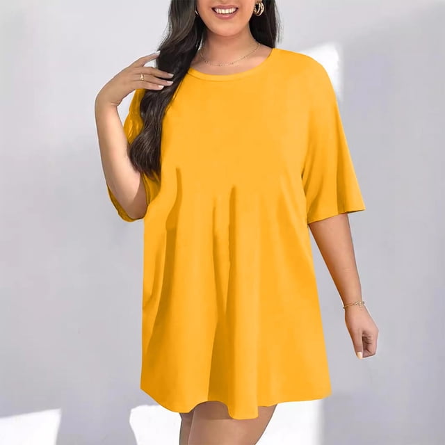 Robes Grande Taille, Robe Décontractée à Col Rond pour Femme de Couleur Unie, Tissu Doux en Fibre de Protéine de Lait pour le Confort