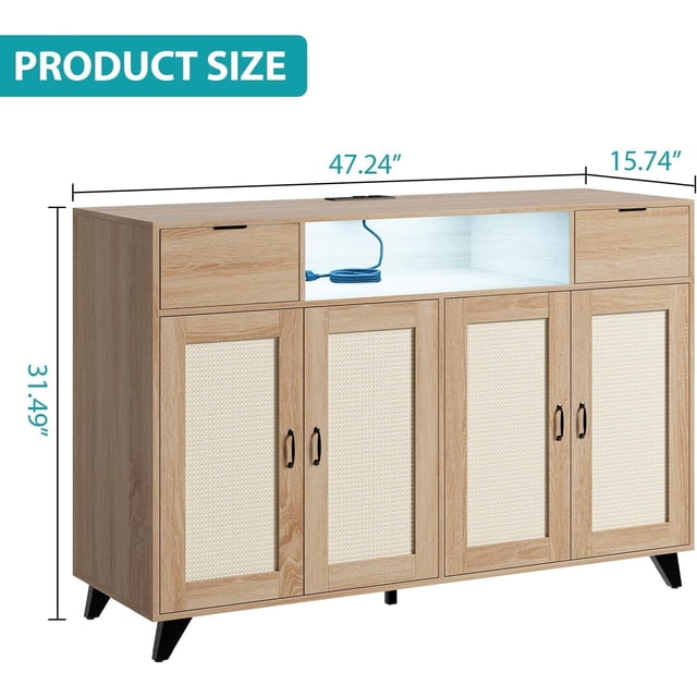 Bingirl Elegant Rattan Sideboard Buffet Cabinet – 2 Drawer Kitchen Console with Power Outlets & LED Light, Multifunctional Storage for Living Room, Kitchen, Hallway – Natural