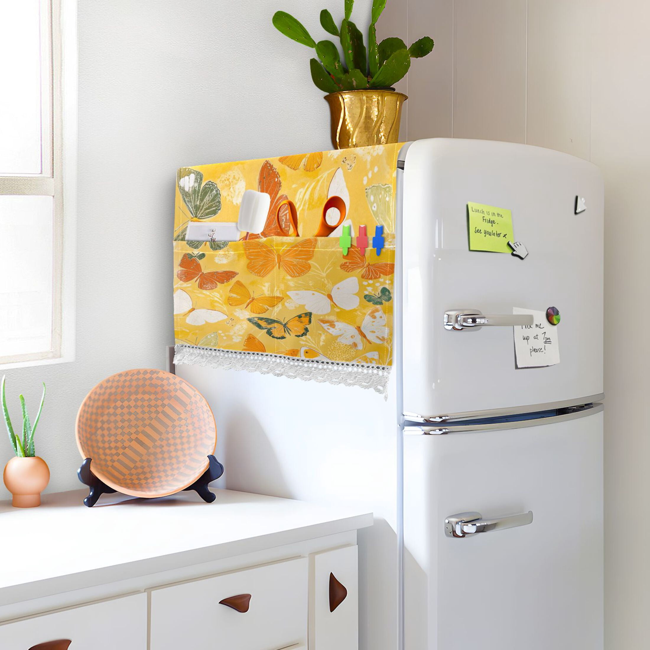 Orange ButterflyWasher and Dryer Covers Dust-Proof and Oil Resistant Fridge Cover with 4 Storage Pockets Washing Machine Top Cover for Laundry Kitchen Home 51.2 x 22 In