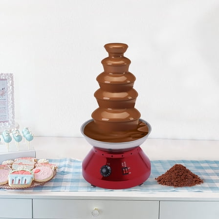 5-Tier Stainless Steel Chocolate Fountain with Adjustable Temperature - 7 lb Capacity for Parties, Events, and Gatherings - Red Silver