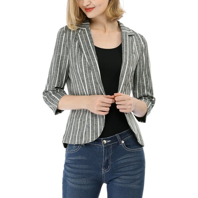 INSPIRE CHIC Blazer à Rayures pour Femme Manches 3/4 Décontracté Ouvert à l'Avant Revers Cranté Blazer m Gris Foncé